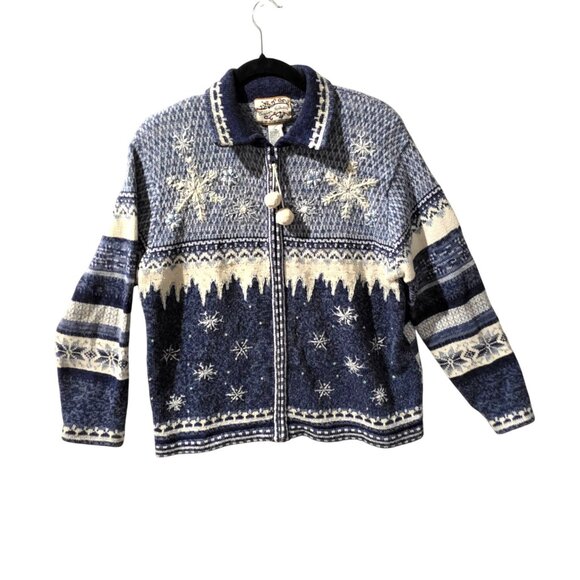 Heirloom Collectible Womens Nordic Snowflake Sweater Medium Zip Front Fair Isle - Picture 1 of 8